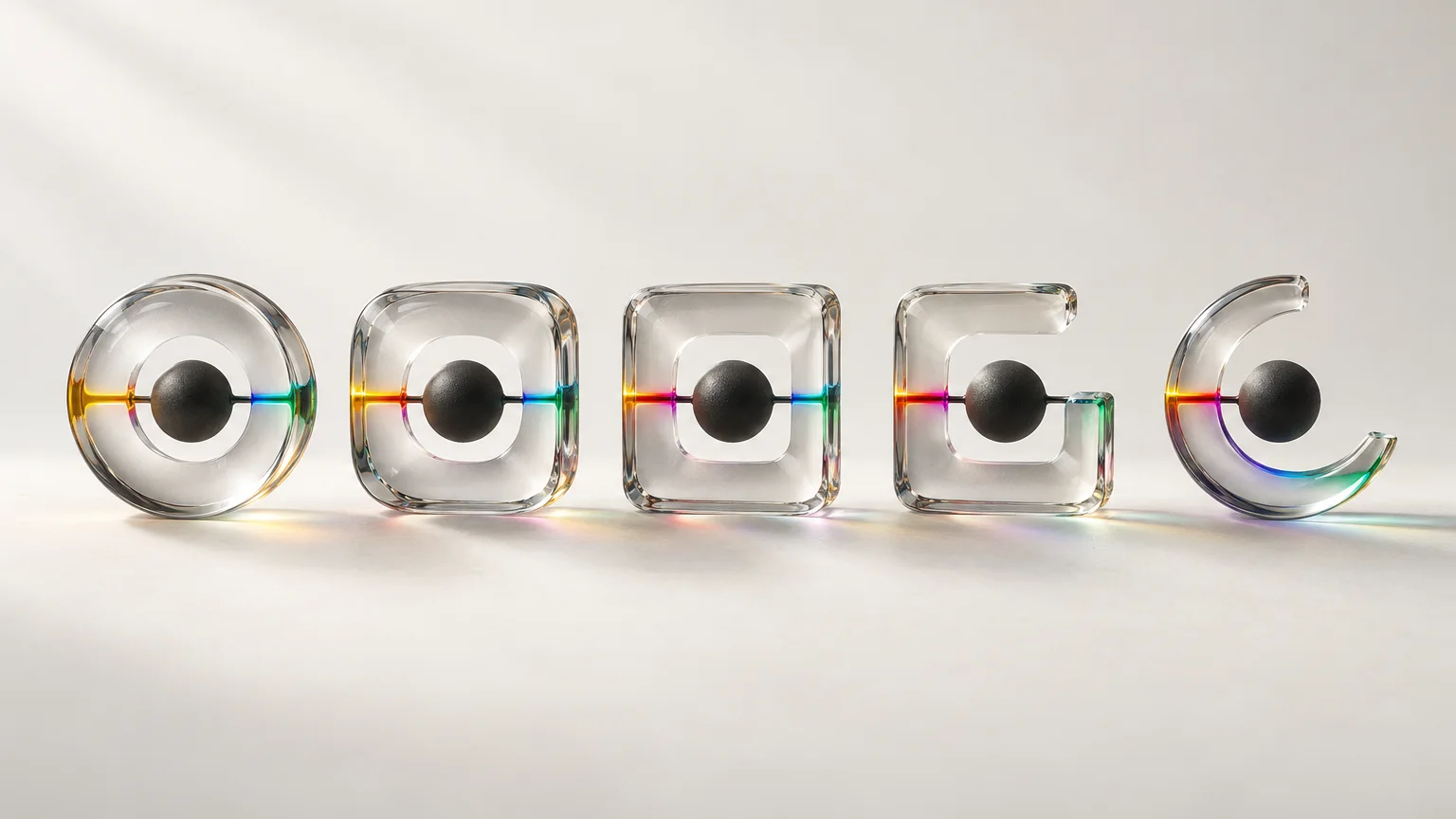 One glass symbol shown in several states, morphing from a circle to a square to an open arc, with spectrum light shifting through it