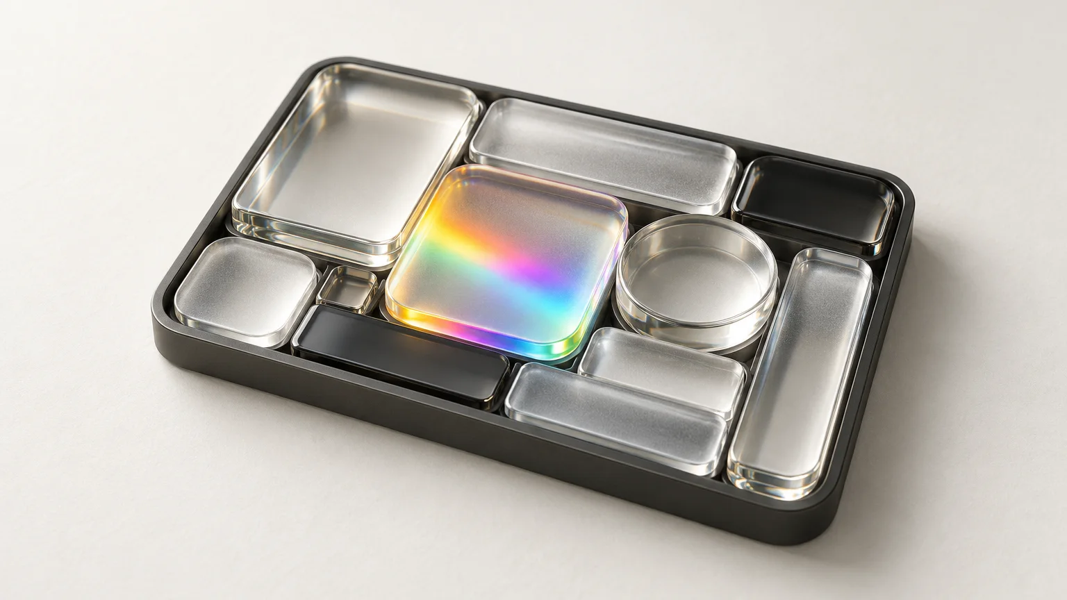 Rounded glass tiles of different sizes fitted into a graphite bento grid, one tile glowing with spectrum light