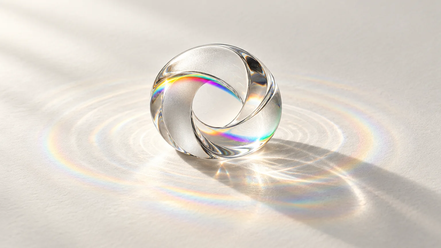 A looped glass form at the centre spreading soft rings of spectrum light and ripples across the paper around it