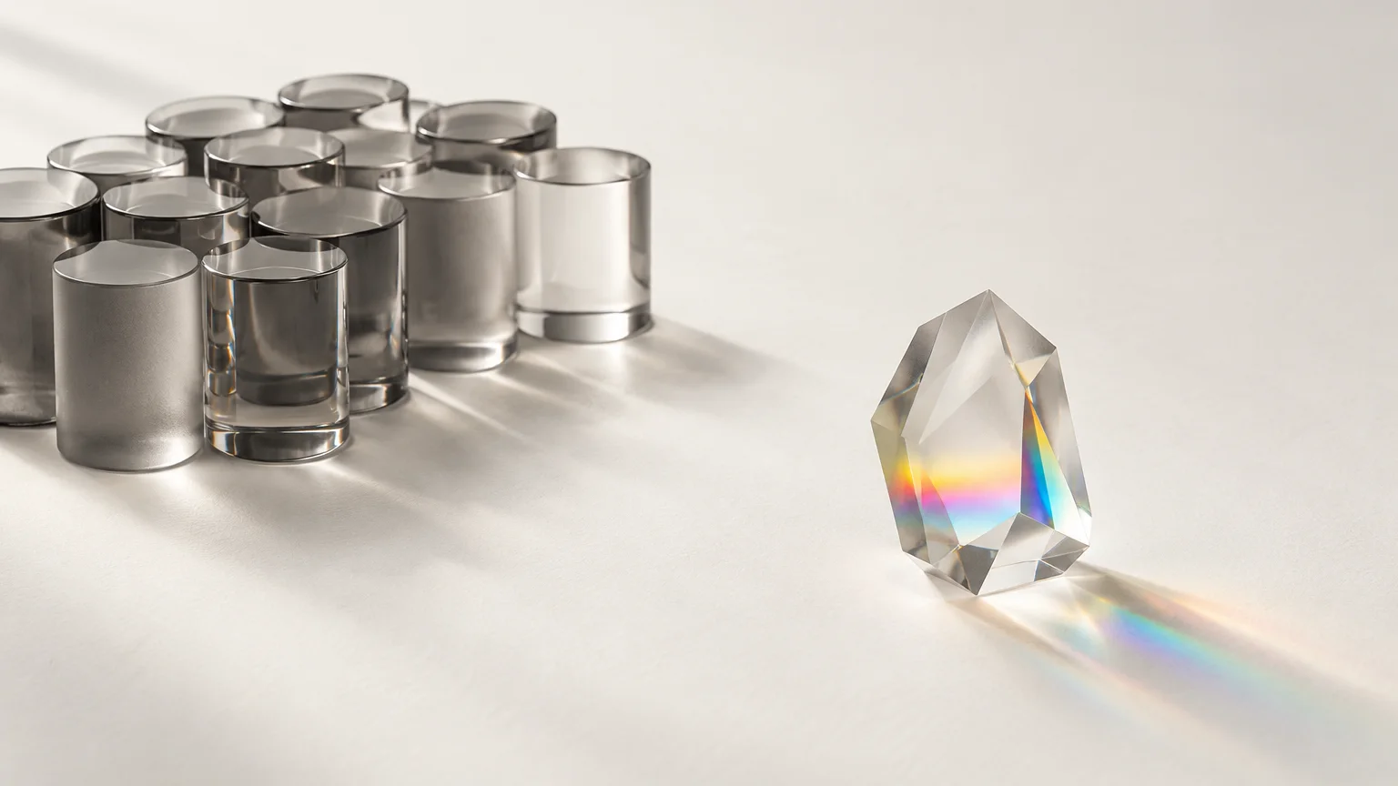 A tight crowd of identical grey glass cylinders and one distinct faceted glass form standing alone on open paper in spectrum light