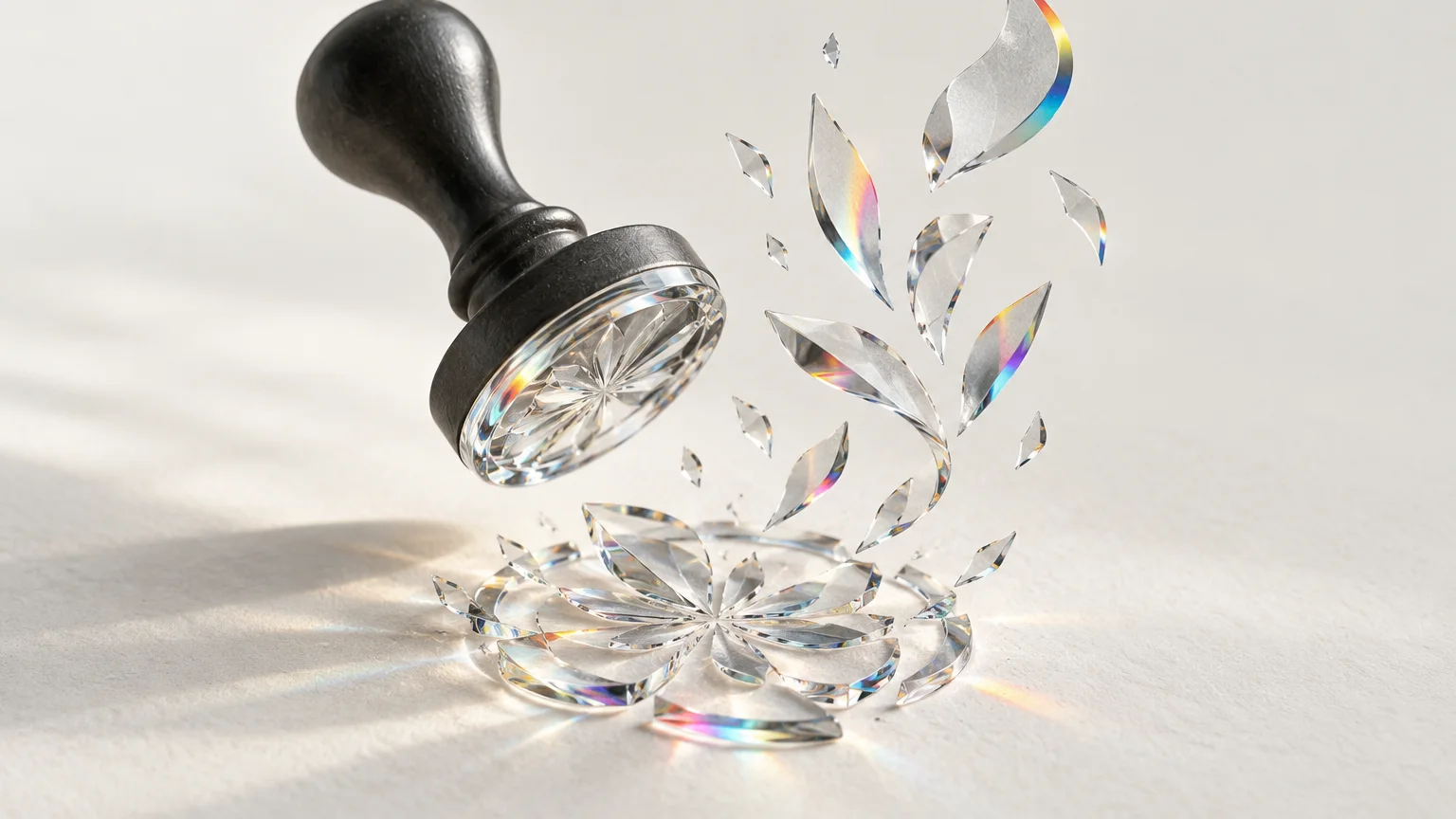 A graphite seal lifting off the paper as its glass impression breaks into floating fragments that start to form new shapes