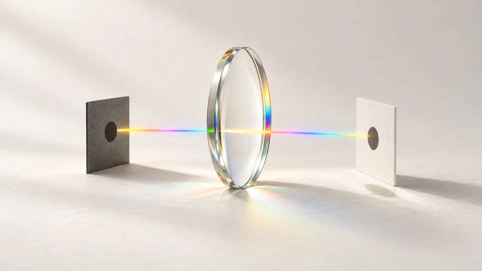 A clear glass lens standing between a graphite card and a white card, with a beam of spectrum light passing straight through all three