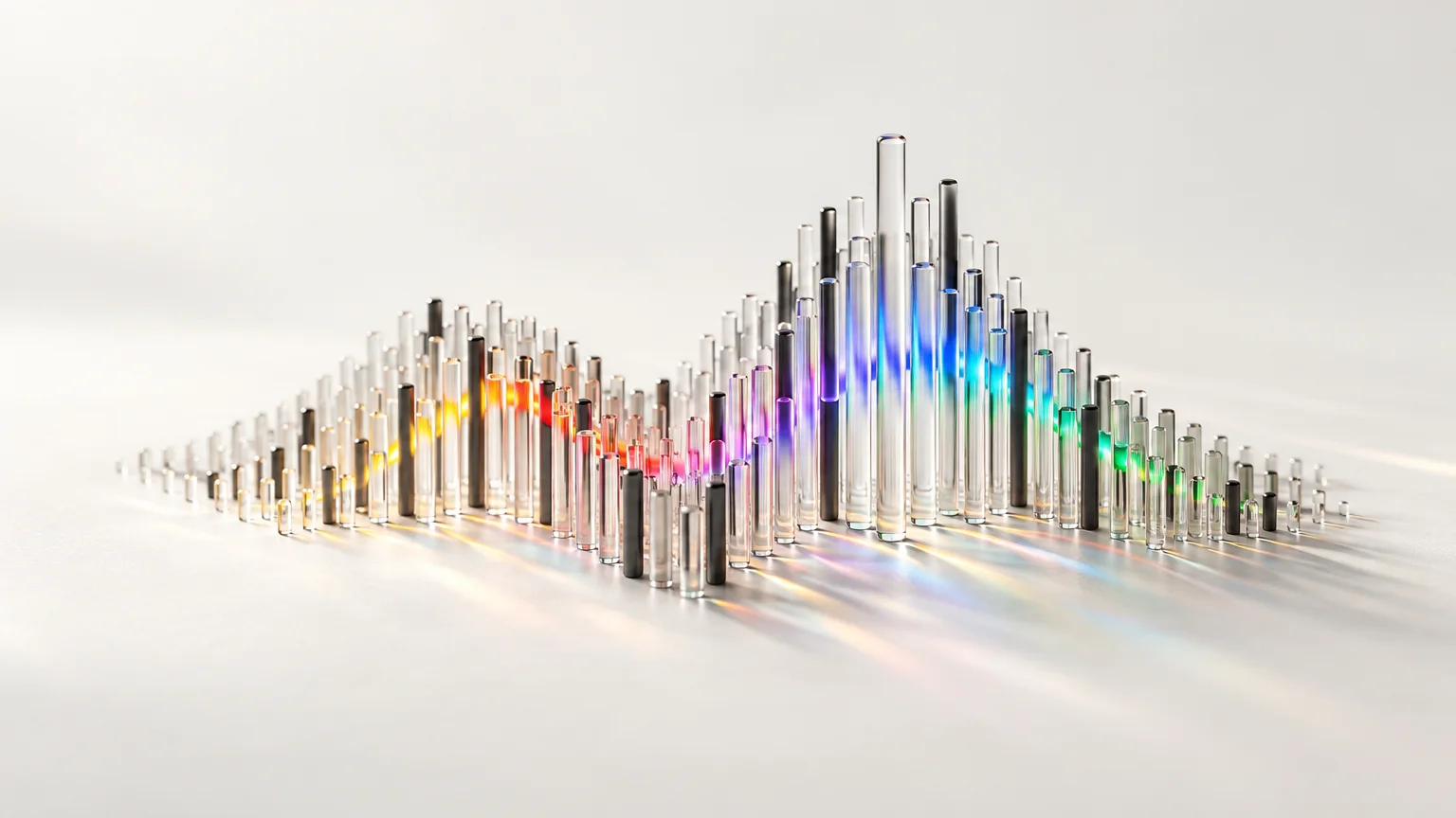 A field of slim glass pins of varying heights rising in a wave, with spectrum light flowing through them