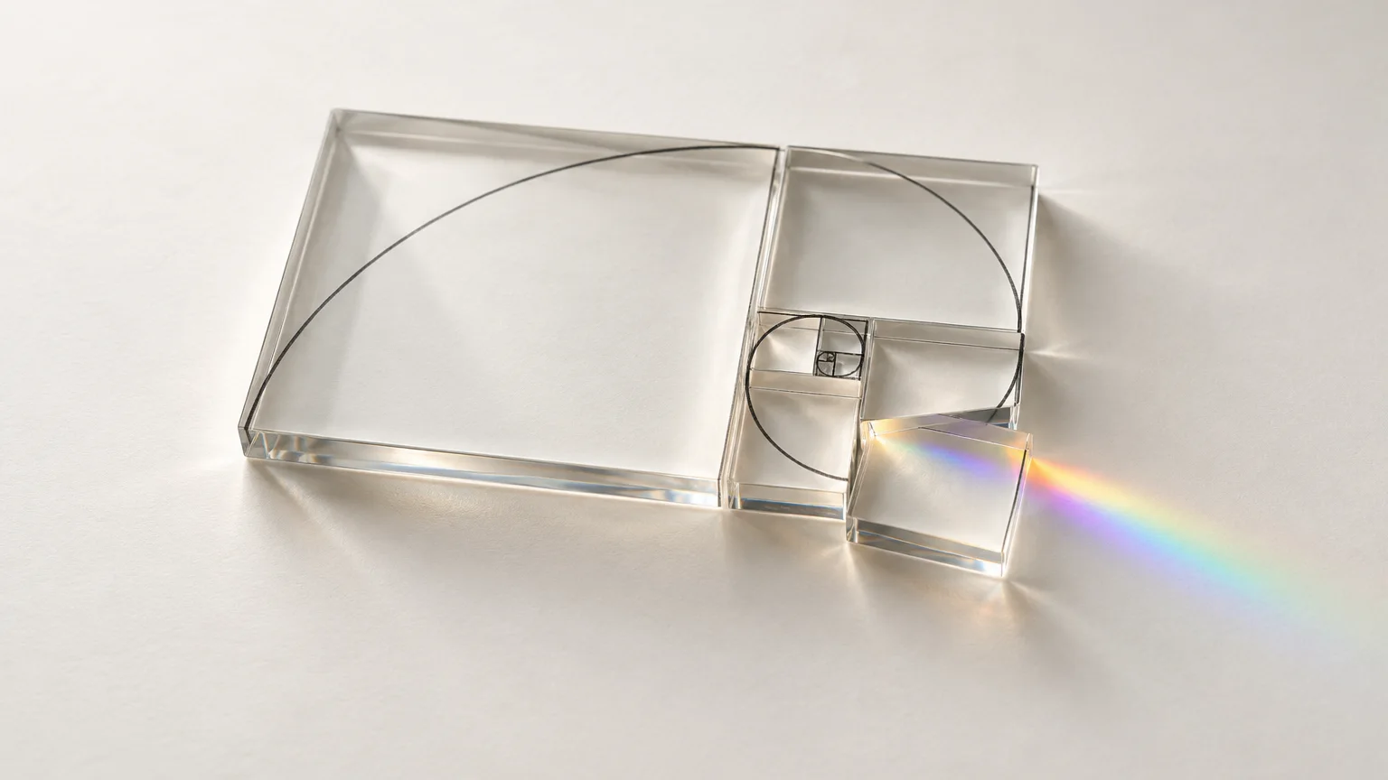 A golden spiral of nested glass rectangles on paper, with spectrum light breaking from the one block set slightly off the grid