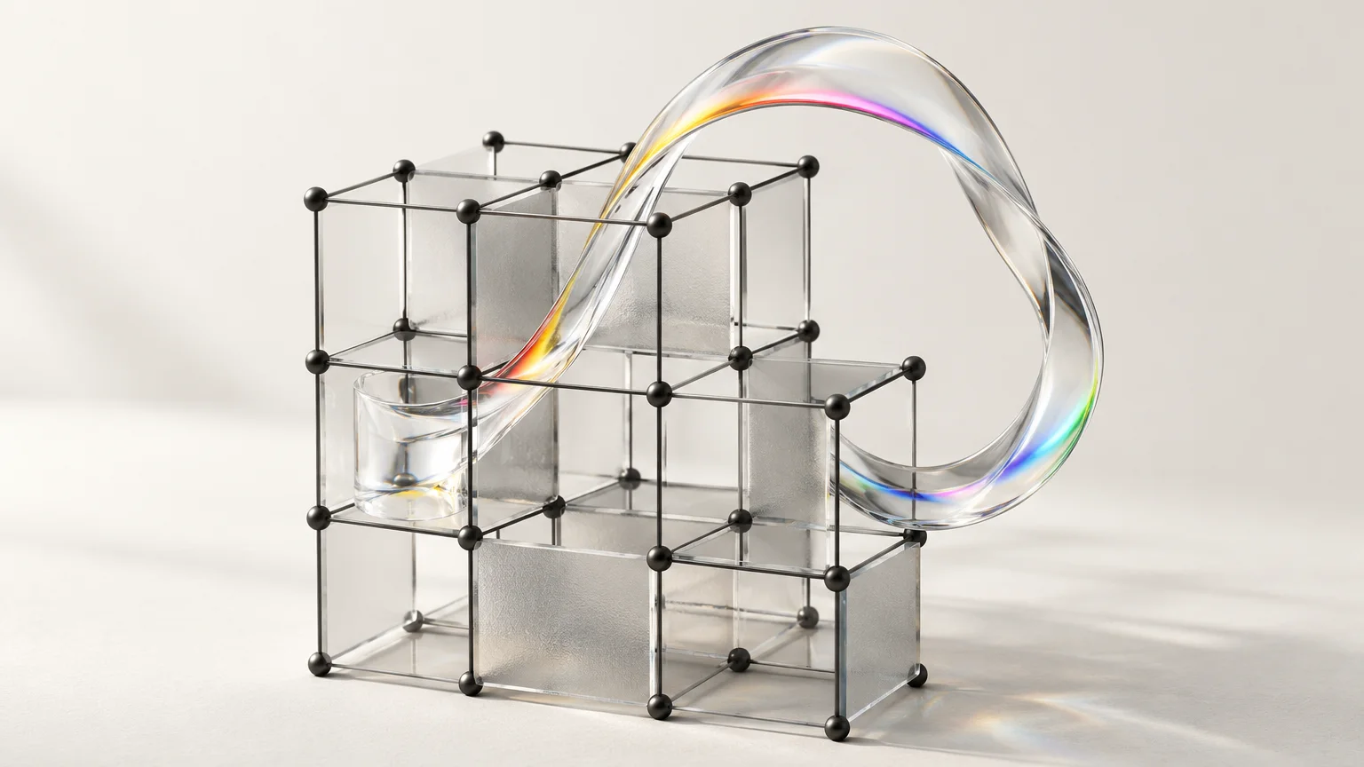 A lattice of glass panes and graphite rods with a free glass ribbon growing out of one cell and looping back into the grid