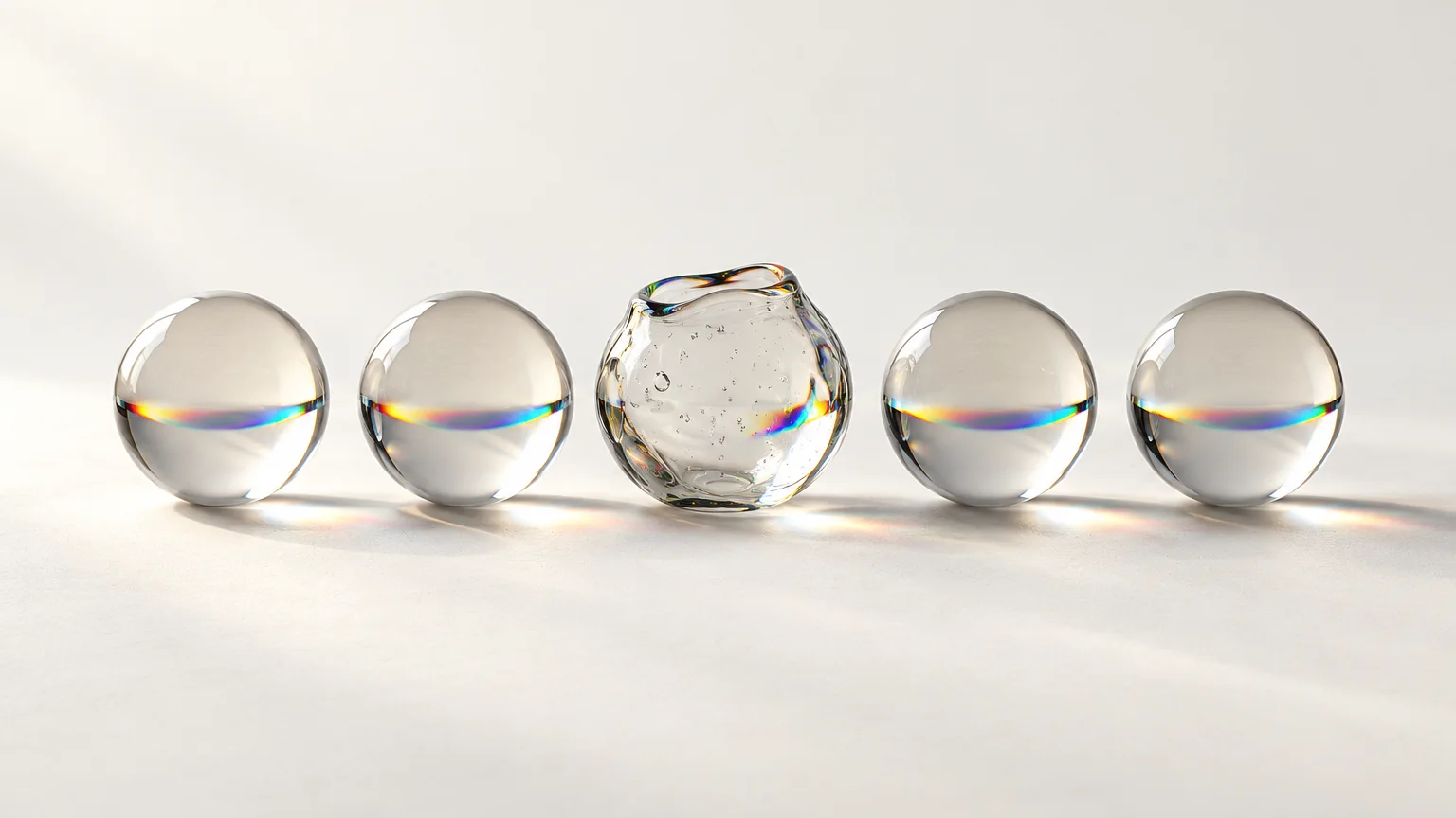 A row of identical polished glass spheres with one hand-blown, slightly uneven glass form catching the spectrum light