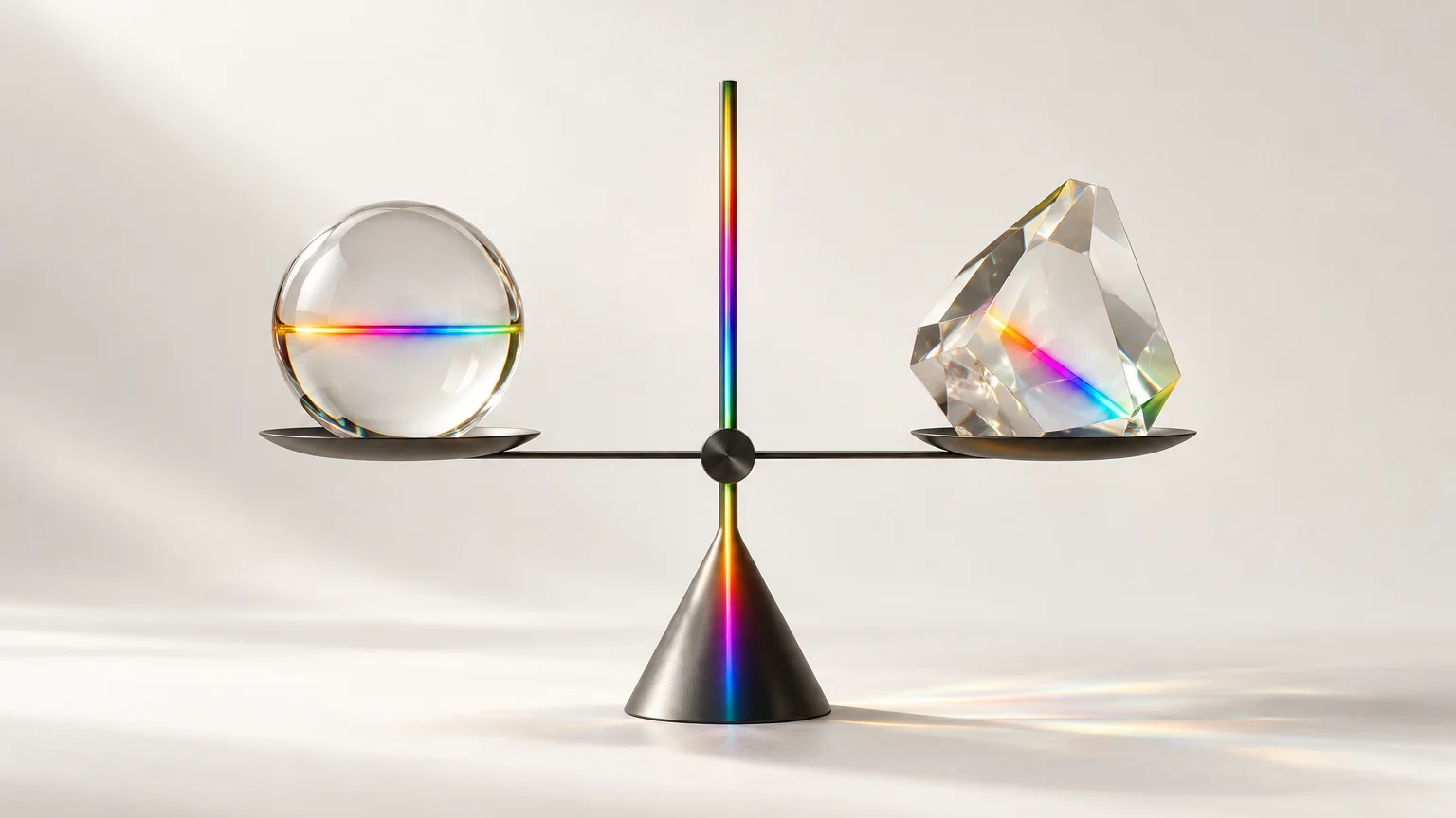 A graphite balance with a vertical axis of spectrum light, holding a symmetrical glass form on one side and an asymmetrical one on the other