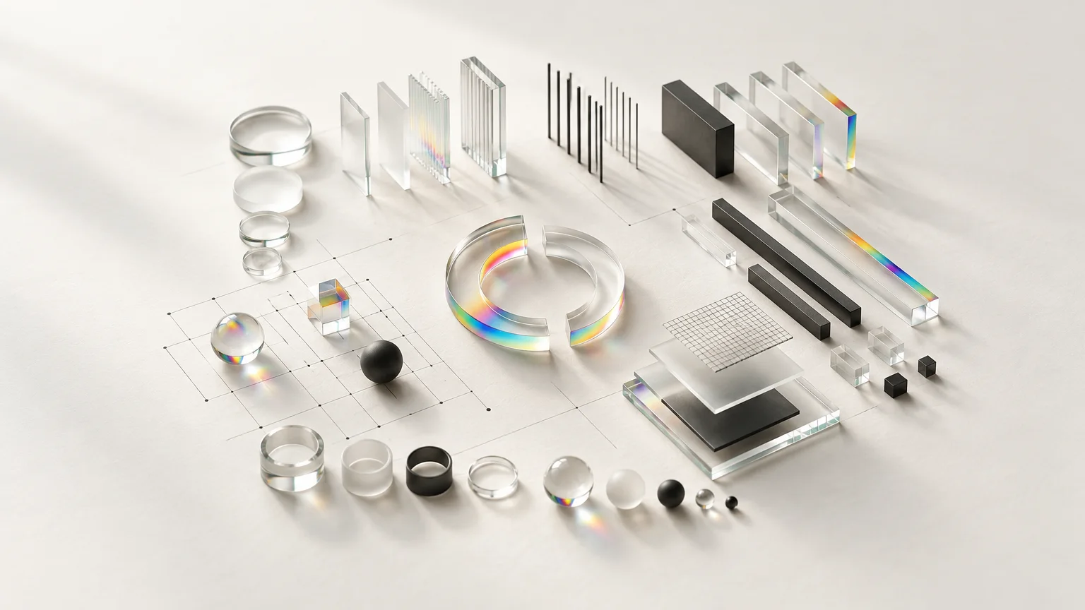 A small glass logo mark as one piece of a larger exploded kit of glass modules, bars and a graphite grid, linked by spectrum light