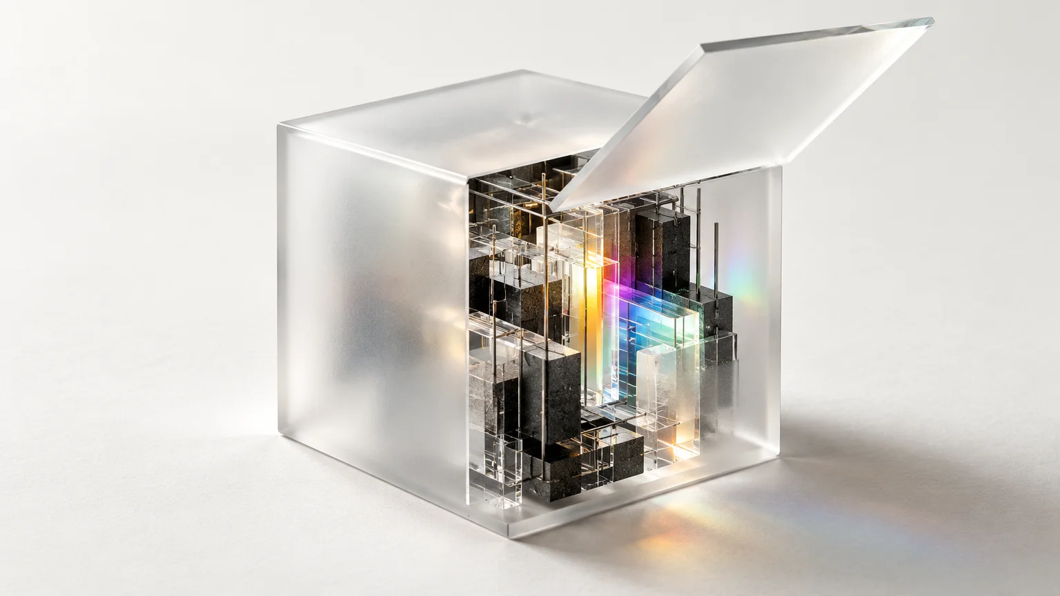 A plain frosted glass cube with one face lifted open to reveal an intricate inner structure lit by spectrum light