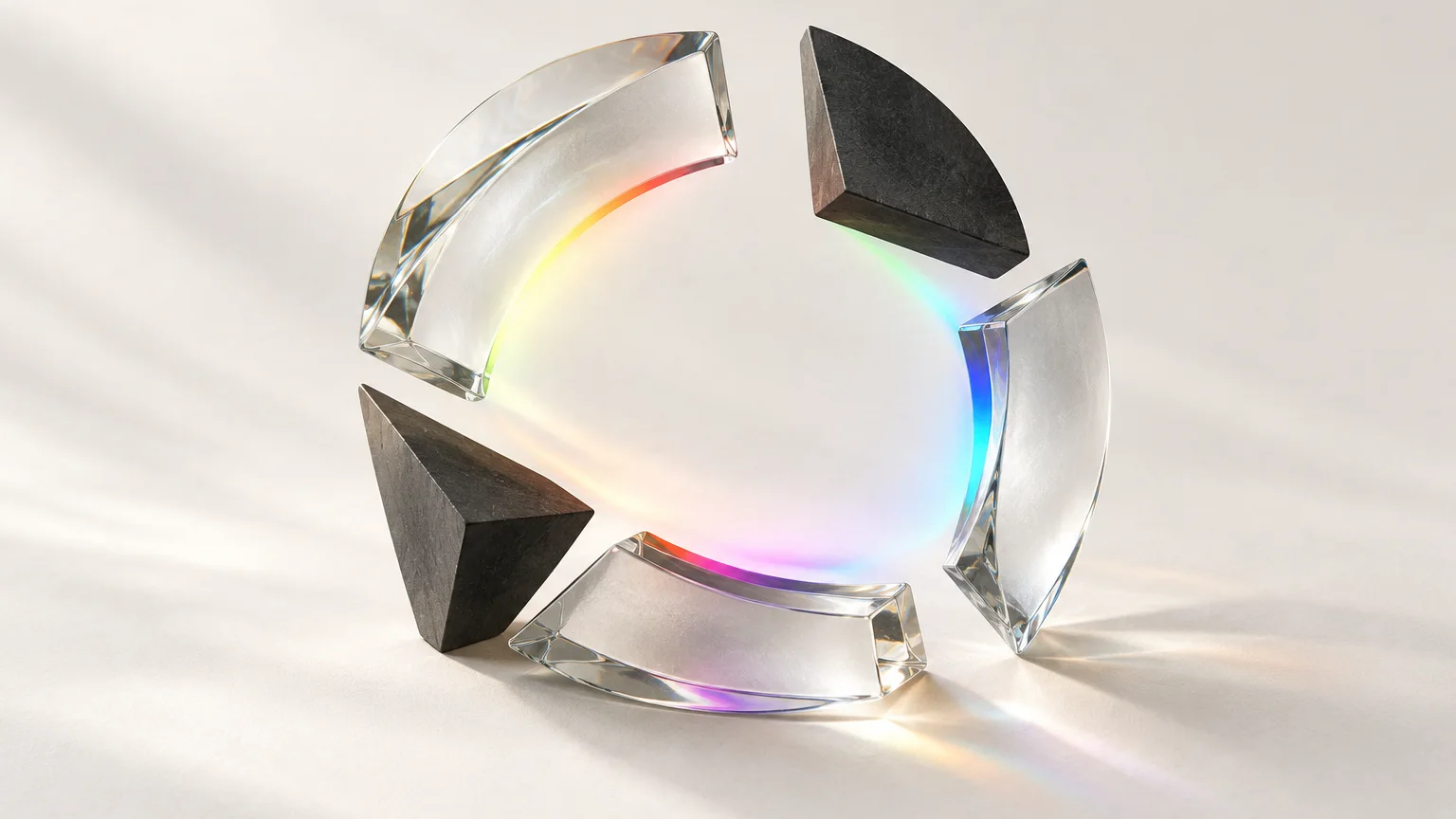 Cut glass and graphite pieces arranged so the empty space between them forms a circle, filled faintly with spectrum light