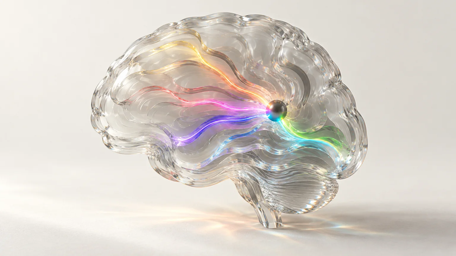 A brain-like form of stacked translucent glass layers with spectrum pathways converging on one small graphite node