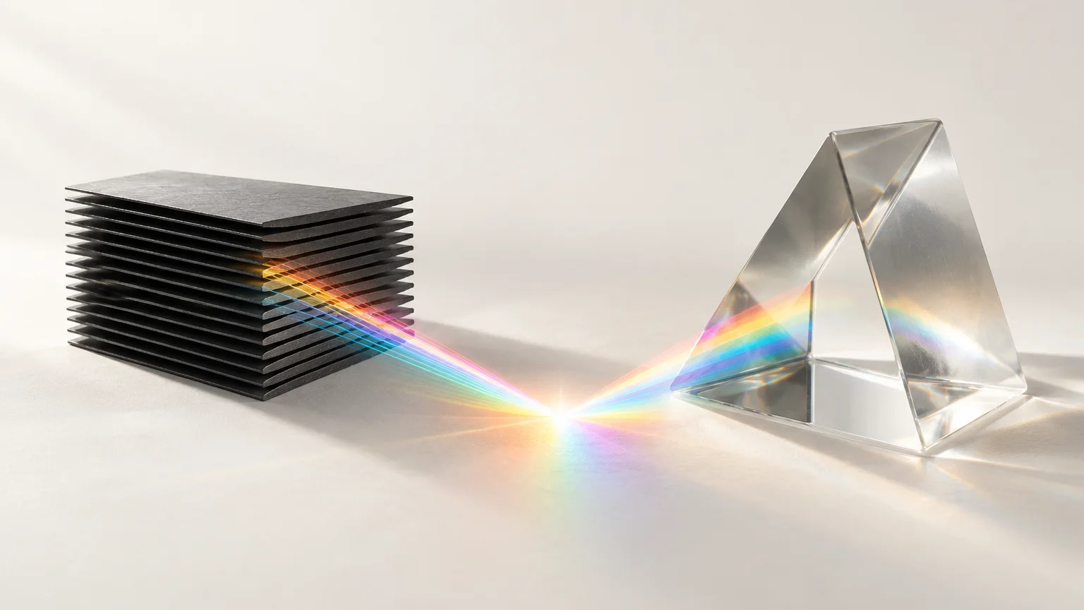 A stack of thin graphite slabs and a glass prism whose two light paths merge into one bright spectrum beam