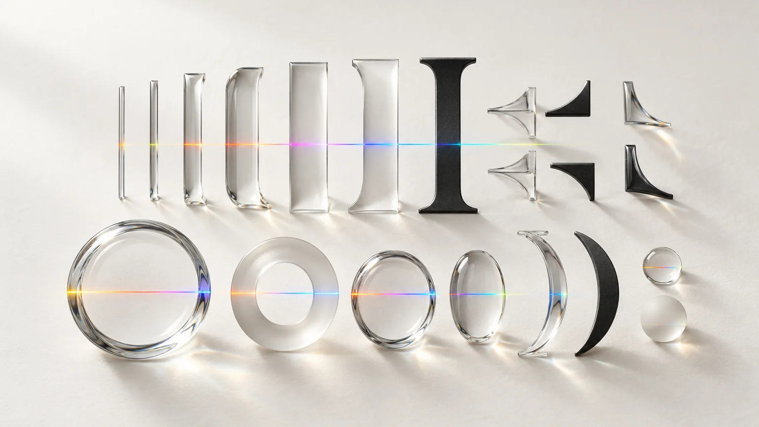 Glass strokes, bowls and serif-like wedges of different weights laid out like a type specimen, with a thin spectrum guide line
