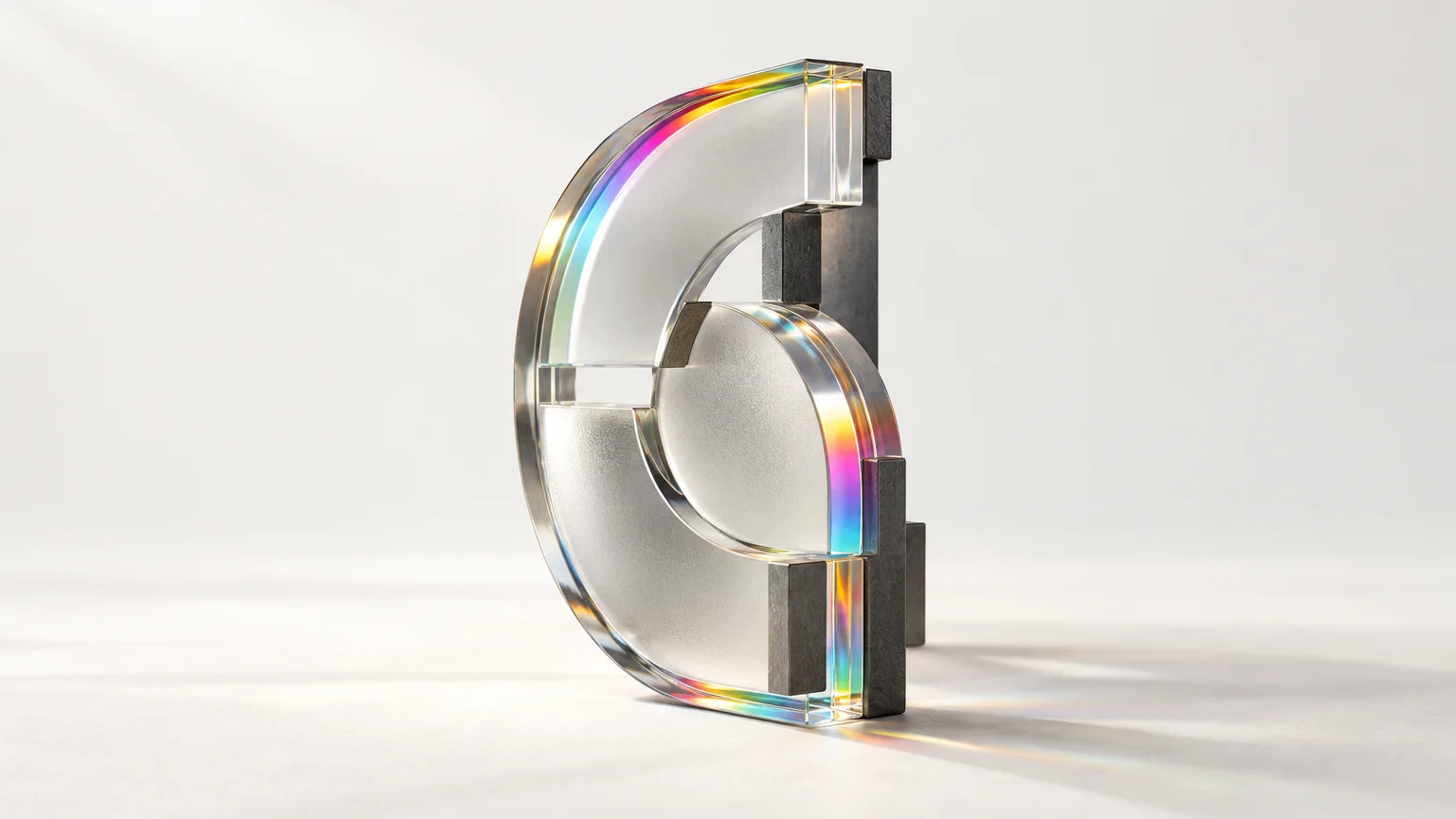A glass logo tile standing upright on paper, seen from behind and the side to show its depth, layers and graphite supports